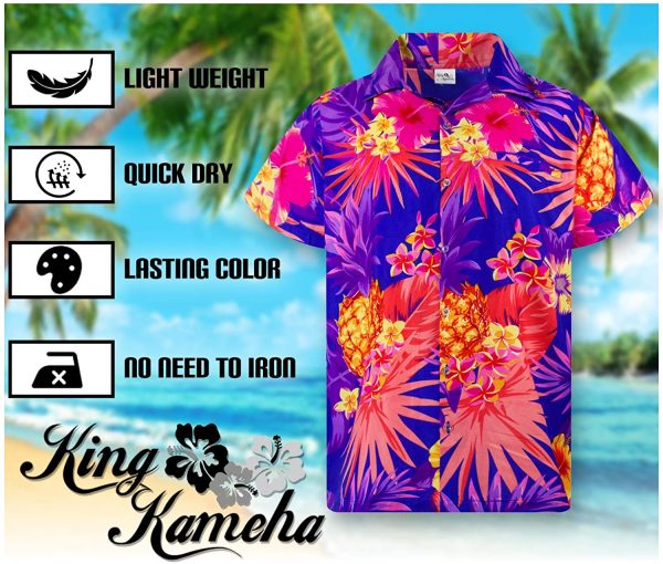 King Kameha Funky Hawaiian Shirt Men Shortsleeve Frontpocket Hawaiian-Print Leaves Flowers Pineapple - Image 3