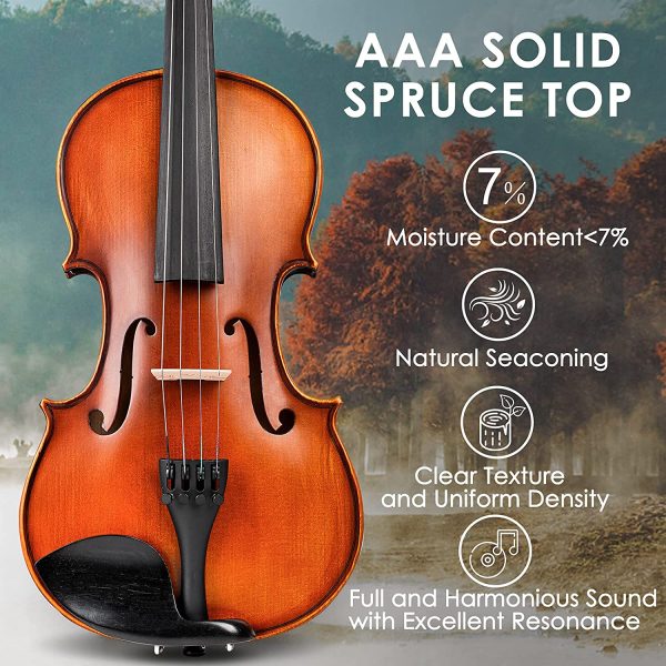 Vangoa Acoustic Violin 4/4, Spruce Top & Ebony Fitting, Solid Wood Violin Outfit for Beginners, 4/4 Full size - Image 5