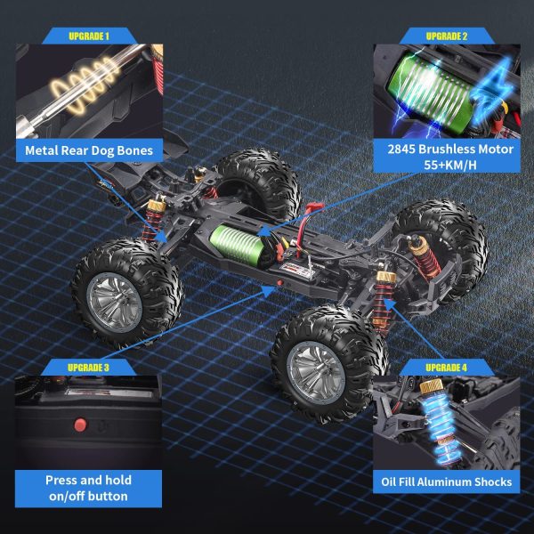 Hosim 1:16 Brushless 55+ kmh High Speed Large RC Cars,Remote Control Car 4x4 Off Road Monster Truck Electric All Terrain Waterproof Toys Hobby Vehicle for Kids and Adults - 2 Batteries for 40+ Min Play - Image 4