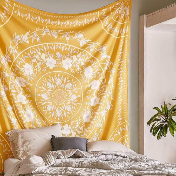 Simpkeely Sketched Floral Medallion Tapestry, Trippy Mandala Wall Hanging Yellow Tapestries, Indian Boho Art Print Mural for Bedroom Living Room Dorm Home Décor 59.1 x 59.1 Inches (Mustard Yellow) - Image 3