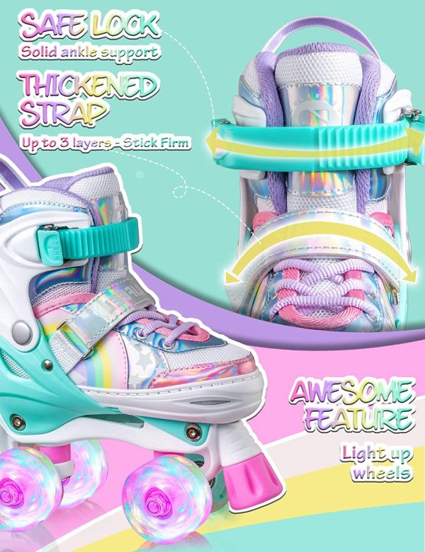 Sulifeel Rainbow Unicorn 4 Size Adjustable Light up Roller Skates for Girls Boys and Kids