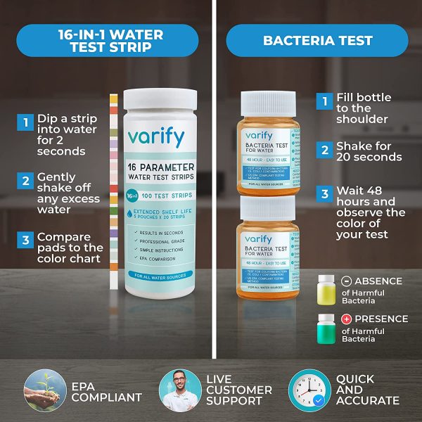 17 in 1 Premium Drinking Water Test Kit - 100 Strips + 2 Bacteria Tests - Home Water Quality Test - Well and Tap Water - Easy Testing for Lead, Bacteria, Hardness, Fluoride, pH, Iron, Copper and more! - Image 5