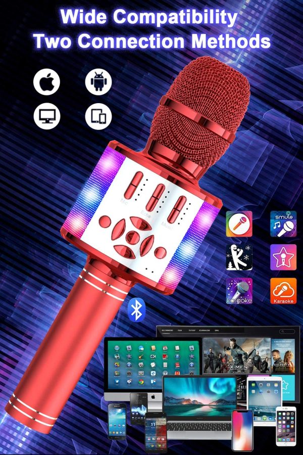 BONAOK Karaoke Microphone Bluetooth Wireless with Colorful LED Lights, Rechargeable Handheld Karaoke Mic & Speaker for All Smartphones, Girls Boys Kids Adults Gifts for Party Birthday (868 Red)