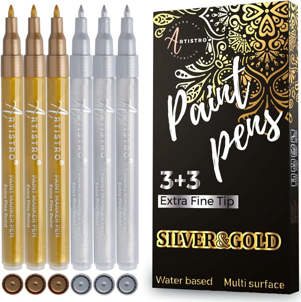 Acrylic Paint Pens for Rock Painting, Stone, Ceramic, Glass, Wood, Fabric, Canvas, Metal, Scrapbooking. (6 Pack) Set of 3 Gold & 3 Silver Acrylic Paint Markers Water- Based Extra-Fine Tip 0.7mm - Image 3