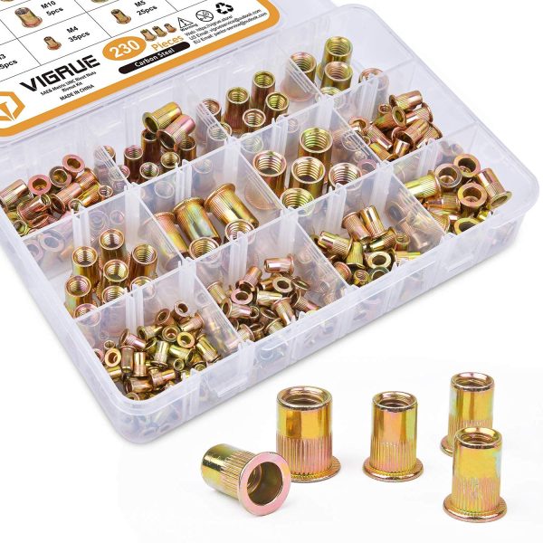 VIGRUE 230PCS SAE & Metric Rivet Nuts Carbon Steel UNC Nutserts Rivnut Assortment Kit, Zinc Plated, Flat Head Insert Nut Assort #8-32#10-24 1/4"-20 3/8"-16 5/16"-18 and M3 M4 M5 M6 M8 M10 M12 - Image 3