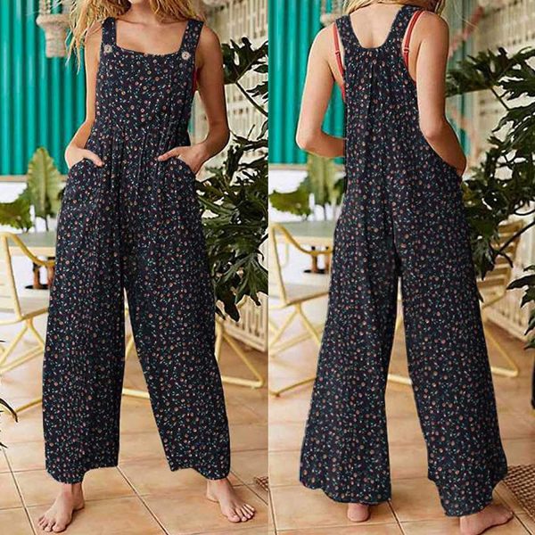 QCool Women’s Jumpsuit, Summer Casual Sleeveless Wide Leg Jumpsuits Romper with Pockets Floral Print Baggy Overalls - Image 5