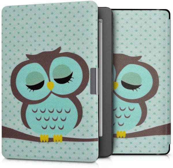 kwmobile Case Compatible with Kobo Aura Edition 2 - Case PU e-Reader Cover - Sleeping Owl Turquoise/Brown/Mint