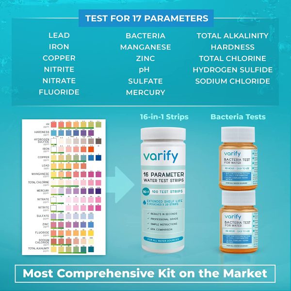 17 in 1 Premium Drinking Water Test Kit - 100 Strips + 2 Bacteria Tests - Home Water Quality Test - Well and Tap Water - Easy Testing for Lead, Bacteria, Hardness, Fluoride, pH, Iron, Copper and more! - Image 7