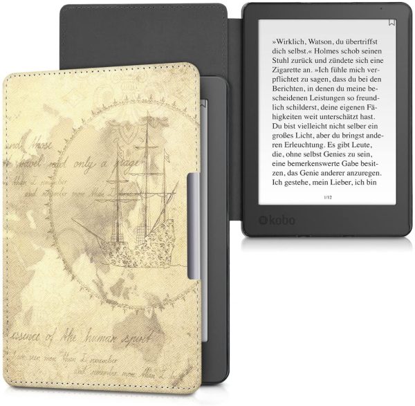 kwmobile Case Compatible with Kobo Aura Edition 2 - Case PU e-Reader Cover - Travel Vintage Brown/Light Brown - Image 4