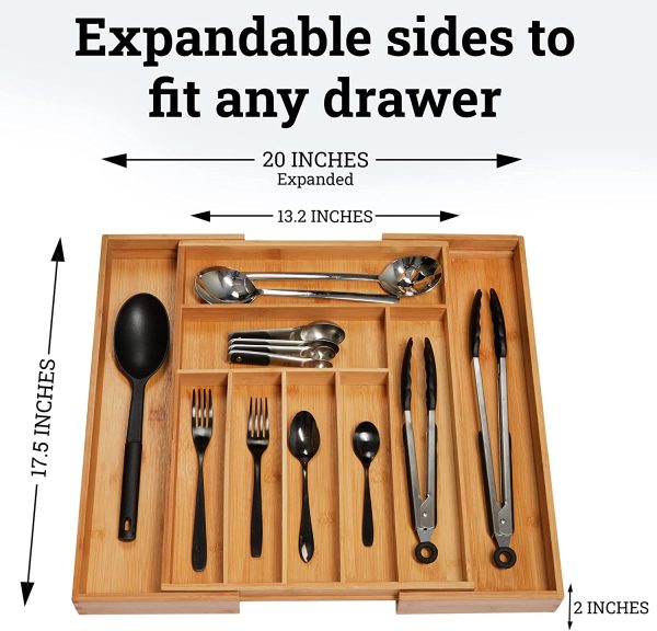 Premium Bamboo Drawer Organizer, Silverware Organizer, 100% Pure Bamboo, Adjustable Utensil Organizer, Kitchen Drawer Organizer, Silverware Tray for Drawer (7-9 Slots) - Image 4