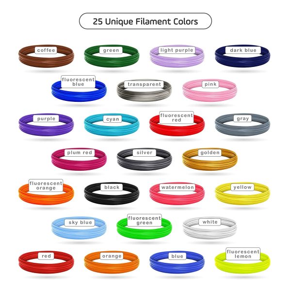 3D Pen & Printer Filament Refills | PLA 1.75mm | 25 Colour Array, 20 Solid Colours + 5 Fluorescent/Transparent, 33ft Each, 825 Feet Total - Image 5