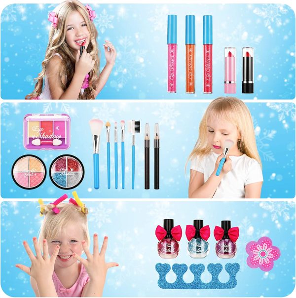 PERRYHOME Kids Makeup Kit for Girl, 24 Pcs Washable Little Girls Makeup Kit Real Cosmetic Toy, Safe & Non-Toxic Frozen Makeup Set, Toddler Makeup Set for 3-12 Year Old Girls Birthday Gift Blue - Image 3