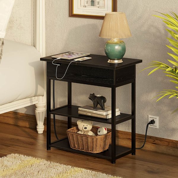 Rolanstar End Table with Charging Station, Narrow Flip Top End Side Table with Storage Shelf and USB Ports & Power Outlets for Small Spaces, Nightstand Sofa Table for Living Room, Bedroom Black - Image 4