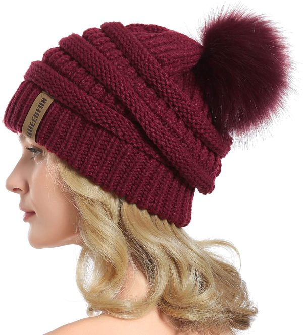 Queenfur Knit Slouchy Beanie for Women Thick Baggy Hat Faux Fur Pompom Winter Hat - Image 3