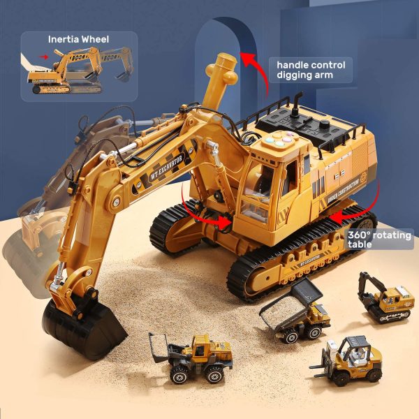 CUTE STONE Construction Vehicles Excavator Toy Set with Realistic Sounds & Lights,Kids Construction Toys Included Toy Excavator,Forklift,Bulldozer,Carrier Loader and Toy Crane,Great Gift for Kids Boys Toddler - Image 4