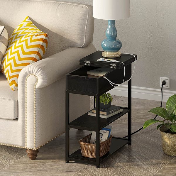 Rolanstar End Table with Charging Station, Narrow Flip Top End Side Table with Storage Shelf and USB Ports & Power Outlets for Small Spaces, Nightstand Sofa Table for Living Room, Bedroom Black - Image 6