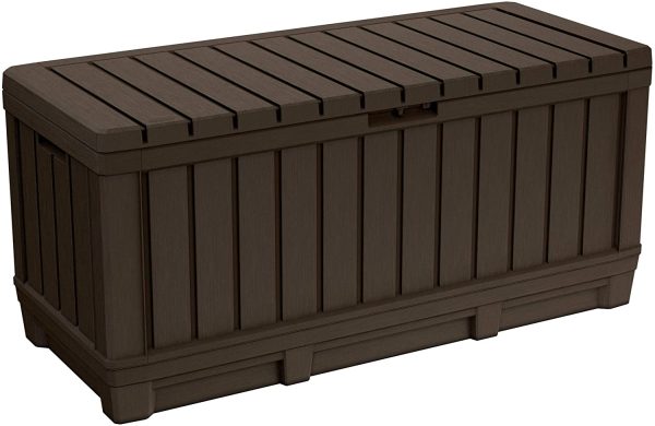 Keter Kentwood 90 Gallon Resin Deck Box-Organization and Storage for Patio Furniture Outdoor Cushions, Throw Pillows, Garden Tools and Pool Toys, Brown - Image 2