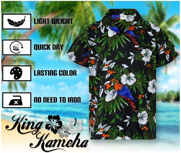 King Kameha Hawaiian Shirt for Men Funky Casual Button Down Very Loud Shortsleeve Unisex Cherry Parrot