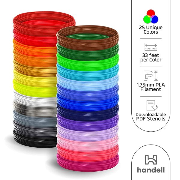 3D Pen & Printer Filament Refills | PLA 1.75mm | 25 Colour Array, 20 Solid Colours + 5 Fluorescent/Transparent, 33ft Each, 825 Feet Total