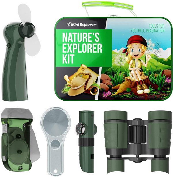 Explorer Kit for Kids - Camping Gear & Outdoor Exploration Gift - Gifts for 4-7 Year Old Boys & Girls - Inc: Binoculars, Fan, Magnifying Glass, Crank Flashlight, 5-in-1 Multi Tool & Beautiful Case - Image 2