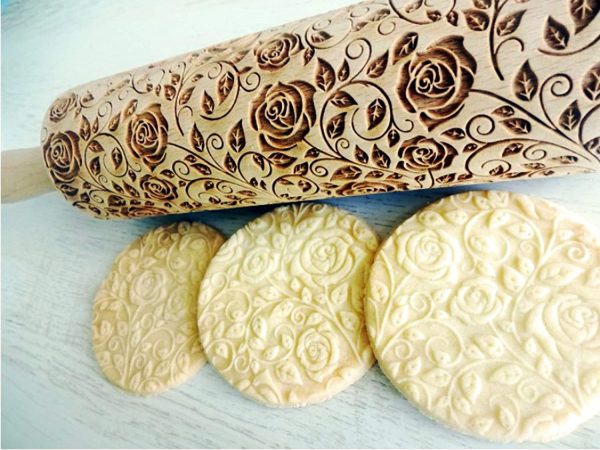 Damascus roses Embossing Rolling pin. Laser cut embossed dough roller with flowers. Embossed cookies. Pottery. Birthday gift for mother - Image 6