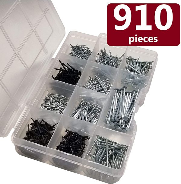 Nails Assortment, Multi-Functional for Hanging, Flat Head Nails, Round Head Nails, Shoe Nails, Panel Nails, Heavy Duty, Tools Needed, Variety of Sizes, 910 Pieces - Image 2