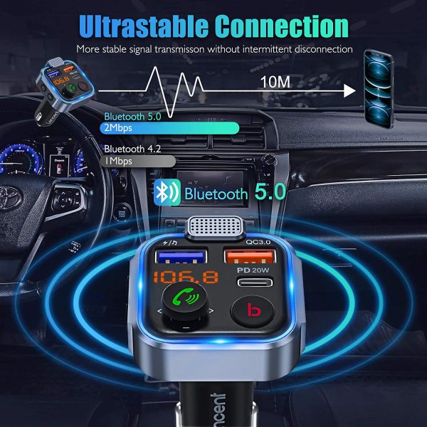 [2022 Version]  Car FM Transmitter, Wireless Bluetooth 5.0 Radio Adapter Car Kit, PD3.0 Type C 20W+QC3.0 Car Fast Charger, Hands Free Calling, Bass Lossless Hi-Fi Sound Support U Disk - Image 6