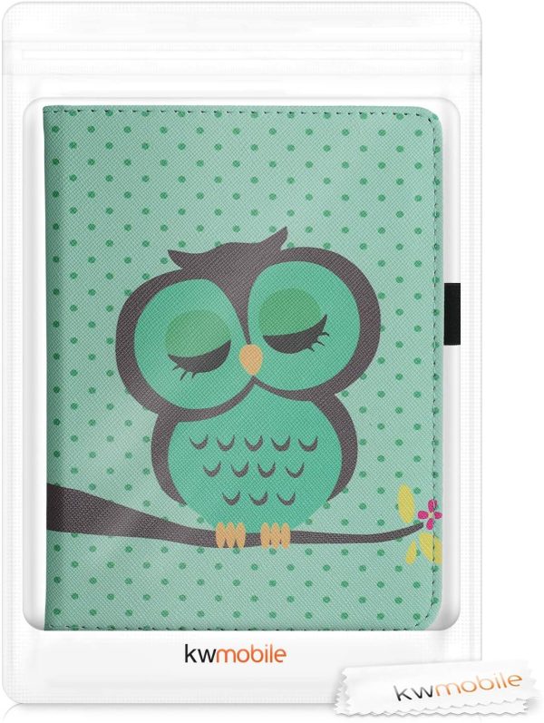 kwmobile Case Compatible with Kobo Clara HD - Case PU Leather Cover with Magnet Closure, Stand, Strap, Card Slot - Sleeping Owl Turquoise/Brown/Mint - Image 2