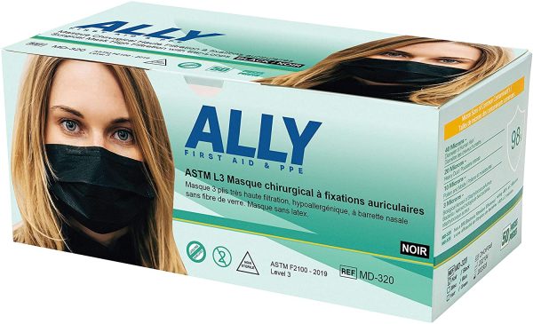 ALLY Black Procedure Masks with Ear-Loops (50pcs) ASTM Level 3 Surgical Masks, Medical Masks, Disposable Face Masks, Masque Chirurgical ?? Fixations Auriculaires, Masques Jetable, Masque Medical - Image 3