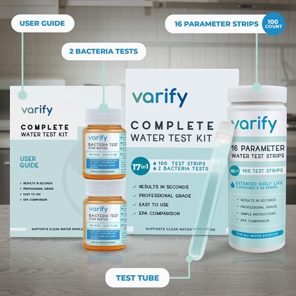 17 in 1 Premium Drinking Water Test Kit - 100 Strips + 2 Bacteria Tests - Home Water Quality Test - Well and Tap Water - Easy Testing for Lead, Bacteria, Hardness, Fluoride, pH, Iron, Copper and more! - Image 2