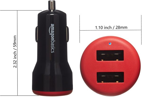 AmazonBasics Dual-Port USB Car Charger Adapter for Apple and Android Devices, 4.8 Amp, 24W, Black and Red - Image 2