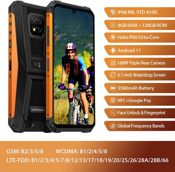 Rugged Cell Phone Canada,  Armor 8 Pro Rugged Smartphone, 8GB+128GB, Android 11, 5580mAh, 6.1" HD+ Screen, IP68/IP69K Waterproof & Shockproof Cell Phone, Type-C, NFC, GPS (Orange) - Image 7