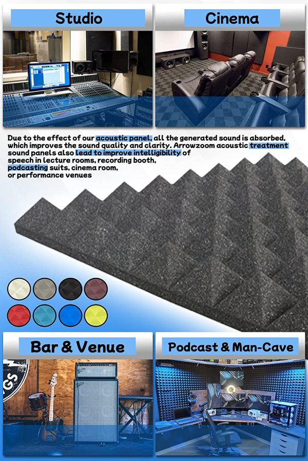 Arrowzoom 12 Pyramid Dampening Acoustical Foam Panels Tiles Sound Absorbing Acoustic Treatment NRC 0.4 Panels Fire Retardant 500-8000hz ise Reduction 25x25x5cm Baby Blue Recording Padding 1034 - Image 5