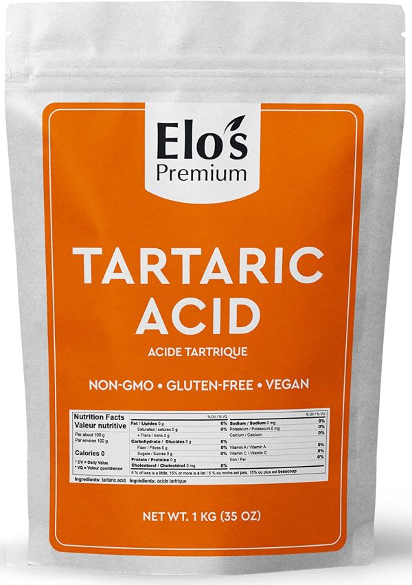 Tartaric acid (1kg 2.2lb) by Elo?M?? Premium |100% All-Natural Food Grade Food Additive & Antioxidant| Packed In Canada| Non-GMO, Kosher and Halal Friendly, Gluten Free| Used As An Acidulant In Grape/Lime Drinks, Gelatin Desserts, Jams, Wine, Sour Candy, and More