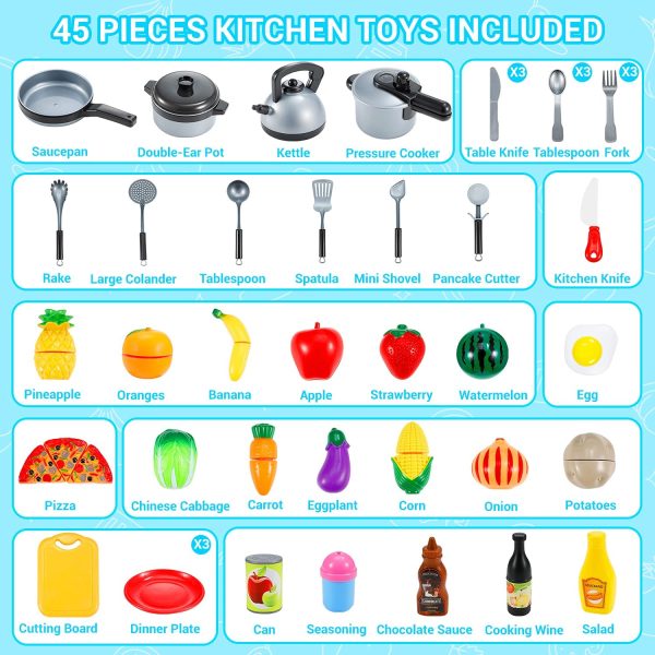 Theefun Kids Kitchen Playset Toys, 46Pcs Pretend Play Cooking Sets Includes Pressure Pot and Pans, Cutting Play Food and Cooking Utensils Accessories, Educational Toys Gifts for Toddlers Girls Boys - Image 6