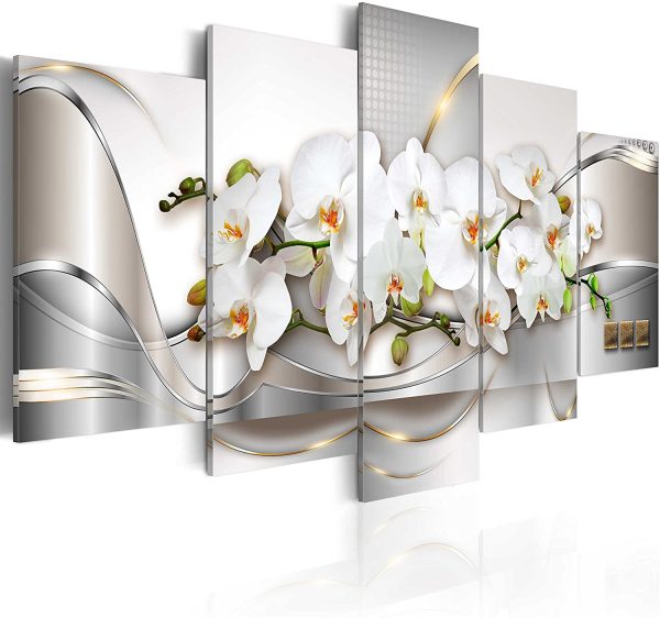 5 Panel Butterfly Orchid Flowers Canvas Print Wall Art Painting Decor for Home Decoration Picture for Bedroom Framed Ready to Hang White  Artwork (Small W40??x H20?? WF02)