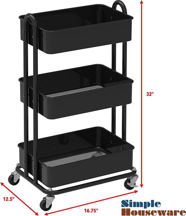 SimpleHouseware 3-Tier Metal Kitchen Cart Utility Rolling Cart, Black - Image 2