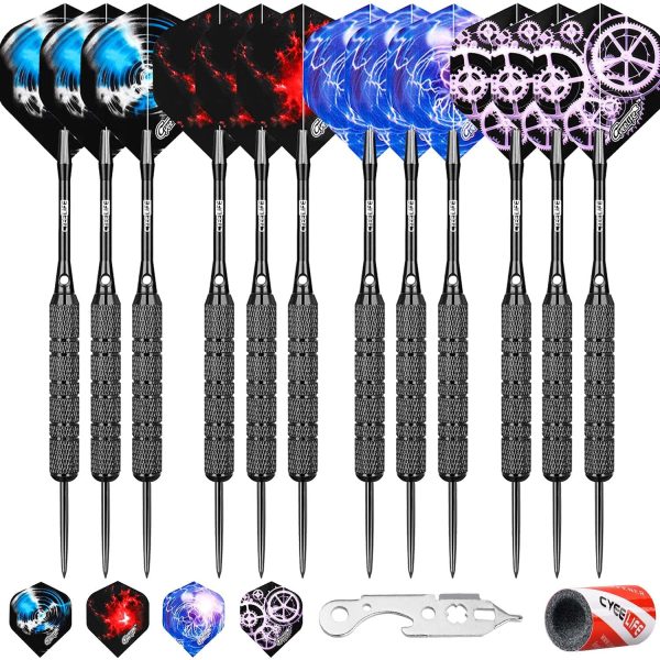 CyeeLife-Steel tip Darts 20/24/30g+Sharpener+Tool+20Flights+12Aluminium shafts with Rubber Rings+16 Protectors-12 Barrels for 4 Beginners House Darts - Image 3