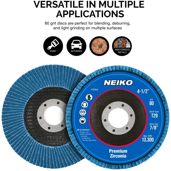 NEIKO 11120A Zirconia Flap Disc | 80 Grit | 10 Pack | 4.5-Inch x 7/8-Inch | Bevel Type #29 | 13,300 RPM | Premium and Industrial Grade | High Performance Edge Grinding