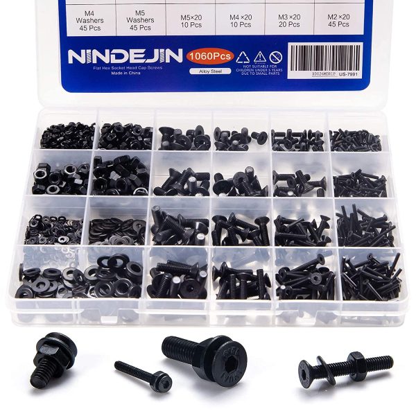 NINDEJIN 1060pcs M2 M3 M4 M5 Flat Head Socket Head Cap Screw Bolt& Nuts & Flat Washers Alloy Steel Countersunk Screws Assortment Kit (Flat Head) - Image 4