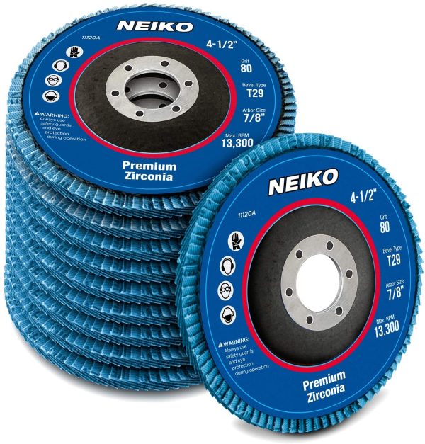 NEIKO 11120A Zirconia Flap Disc | 80 Grit | 10 Pack | 4.5-Inch x 7/8-Inch | Bevel Type #29 | 13,300 RPM | Premium and Industrial Grade | High Performance Edge Grinding - Image 2