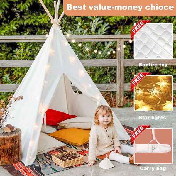 Tiny Land Kids Teepee Tent-Toys for 3,4,5,6 Year Old Girls-Kids Foldable Play Tent with Mat & Light String & Carry Case, White Canvas Teepee Indoor Outdoor Games-Kids Playhouse-Kids Tent - Image 6