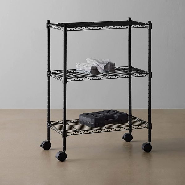 Amazon Basics 3-Shelf Adjustable, Heavy Duty Storage Shelving Unit on 4'' Wheel Casters, Metal Organizer Wire Rack, Black (23.2L x 13.4W x 32.75H)