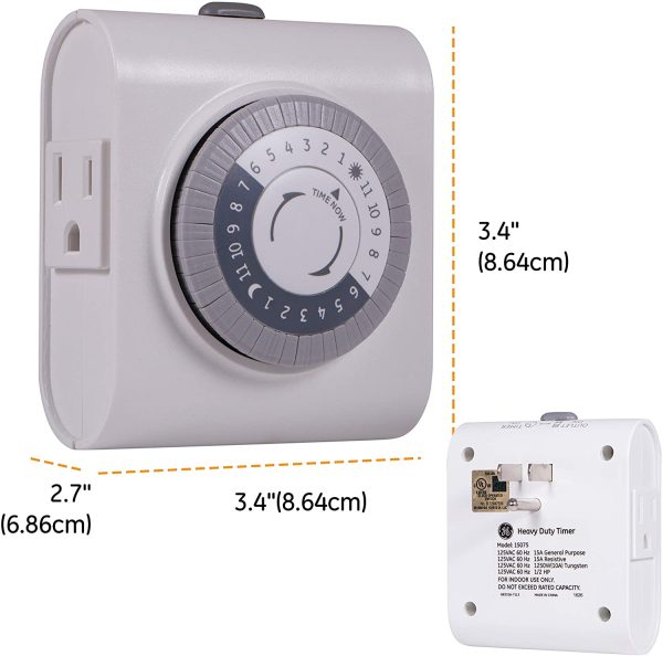 GE 24-Hour Heavy Duty Indoor Plug-in Mechanical Timer, 2 Grounded Outlets, 30 Minute Intervals, Daily On/Off Cycle, for Lamps, Seasonal, Christmas Tree Lights and Holiday Decorations, 15075, White - Image 4