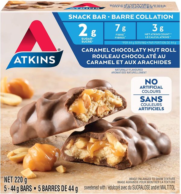 Atkins Snack Bars - Caramel Chocolaty Nut Roll, 2g Sugar, Keto-Friendly, High Fibre 5 count - Image 4