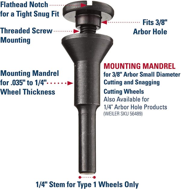 56490 Mounting Mandrel for Cut-Off Wheels W/3/8" Arbor Hole, 1/4" Stem