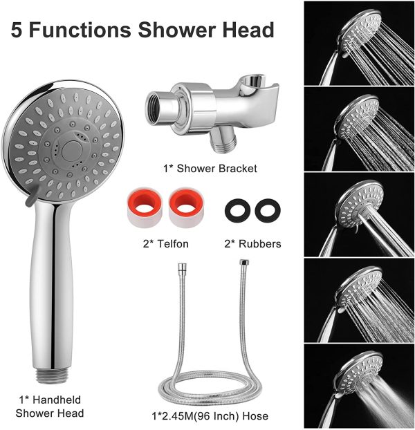 Shower Head,  5-Settings 4.1" Chrome Face High Pressure Handheld Shower Head, Premium Luxury Rainfall Spa Detachable Shower Set, Bathroom Accessories for The Ultimate Shower Experience - Image 6