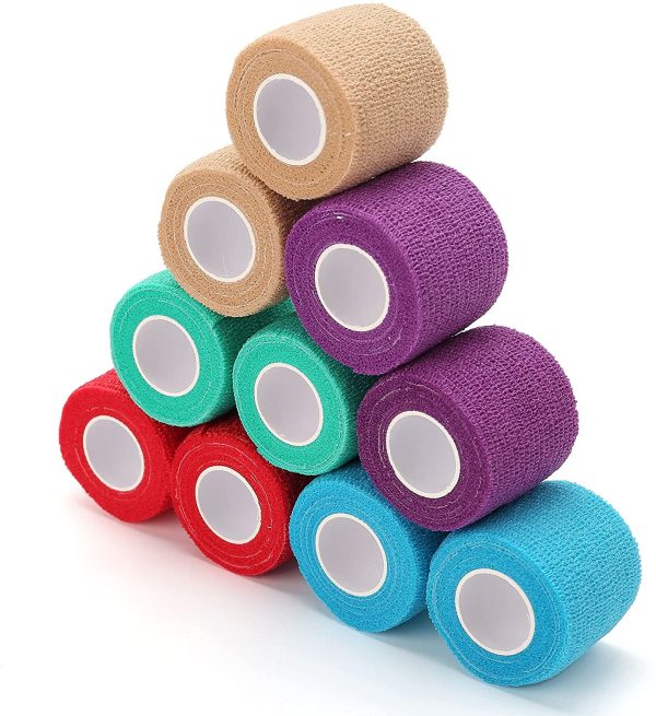 Vet Self-Adhesive Cohesive Wrap Bandage Tape by LotFancy, Elastic Non-Woven, 10 Rolls, Assorted Colors