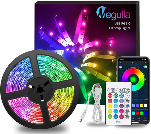 LED TV Backlight, Megulla 16.4ft/5m USB Bluetooth Dreamcolor RGBIC Color Changing LED Lights Strip Bias Lighting with APP, Music Sync and Remote for TV, PC, Monitor, Desk and Gaming Room