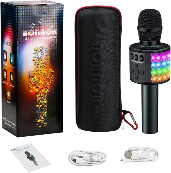 BONAOK Bluetooth Wireless Karaoke Microphone with Controllable LED Lights, Portable Handheld Karaoke Speaker Machine Christmas Birthday Home Party for PC or All Smartphone(Q78Black) - Image 3